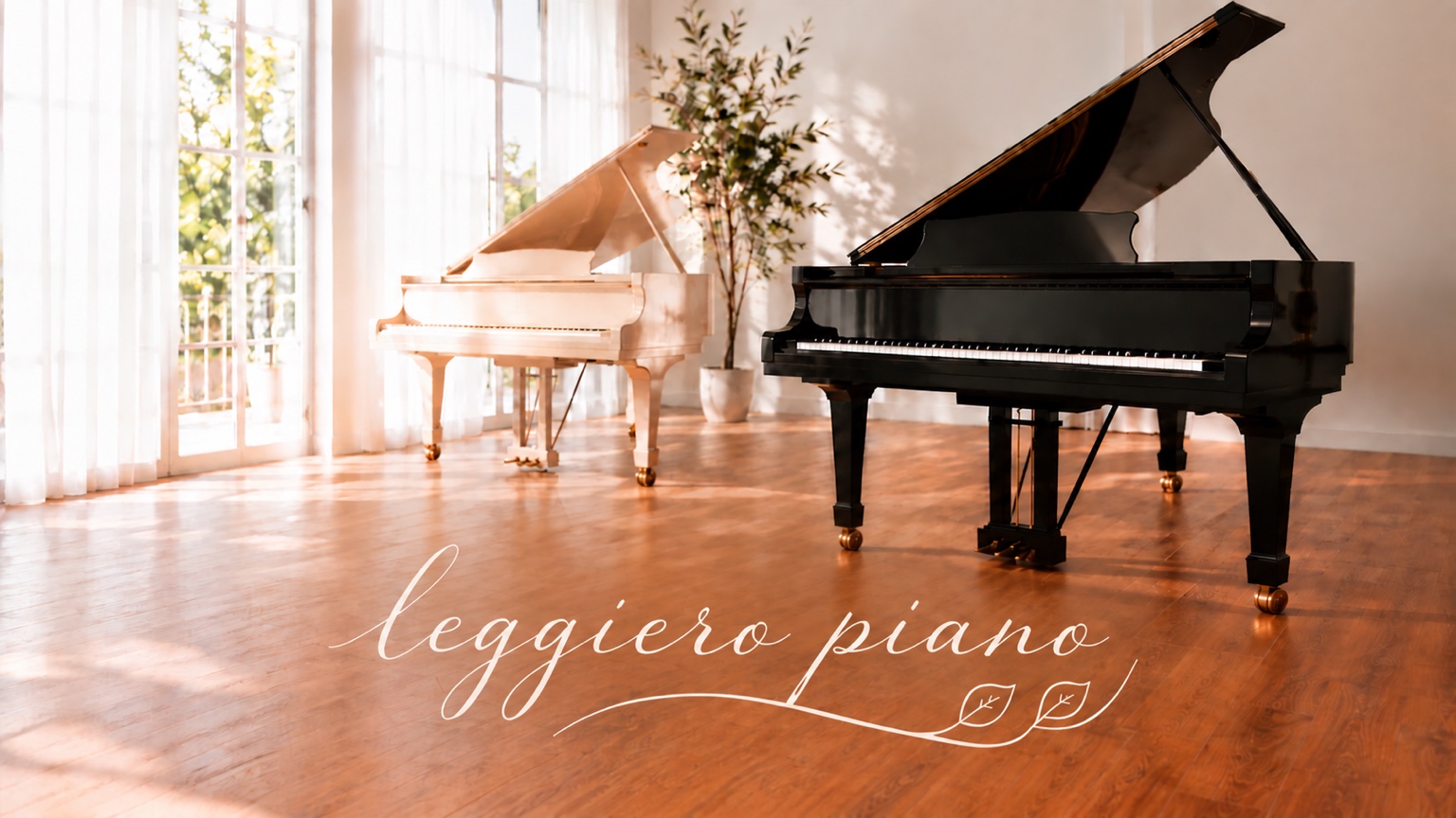 明るい光の差し込む空間に置かれた二台のグランドピアノとLeggiero Pianoの文字